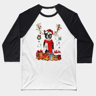 Black Boston Terrier Reindeer Santa Christmas Color Lights Baseball T-Shirt